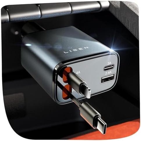 LISEN 84W Retractable USB-C Car Charger for iPhone, Samsung & Android