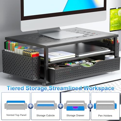 Desk Monitor Stand with Drawer & Pen Holders – Black - Image 3