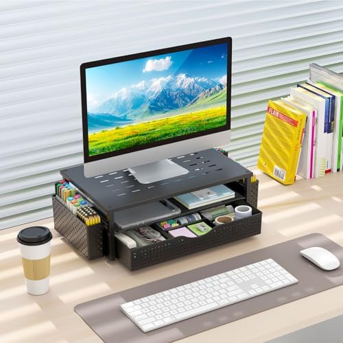 Desk Monitor Stand with Drawer & Pen Holders – Black - Image 7