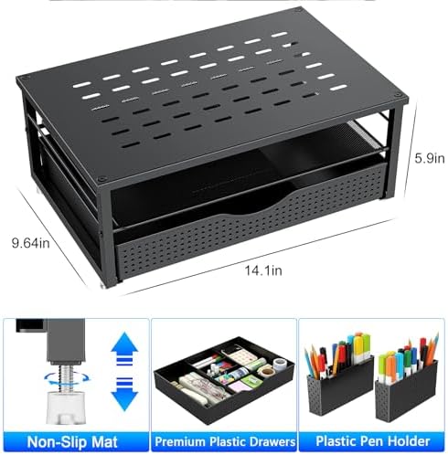 Desk Monitor Stand with Drawer & Pen Holders – Black - Image 6