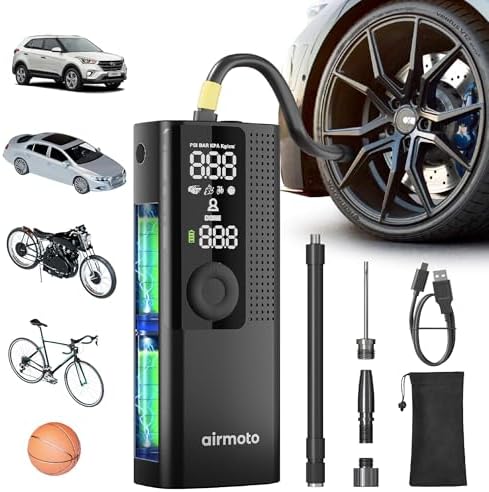 Airmoto Portable Tyre Inflator Air Compressor with Digital Gauge, LED Light & Auto Shut-Off
