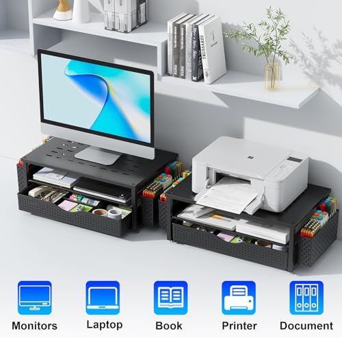 Desk Monitor Stand with Drawer & Pen Holders – Black - Image 8