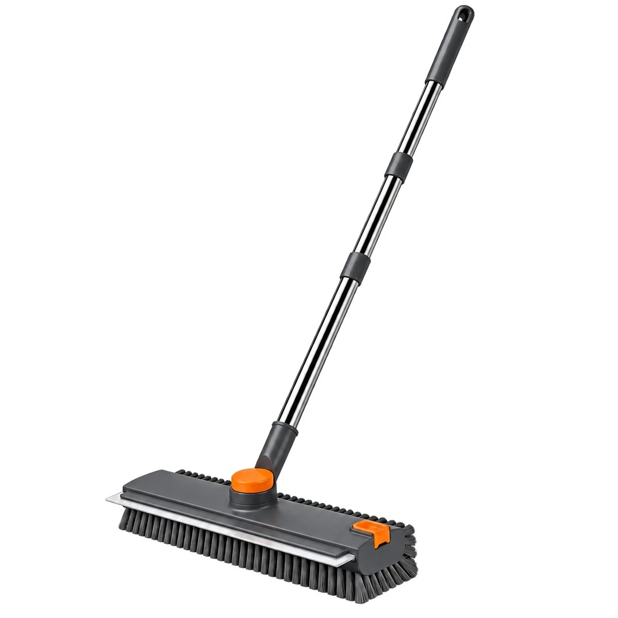 3-in-1 floor scrub brush with sectional handle, dark bristles and 360 degree pivot head