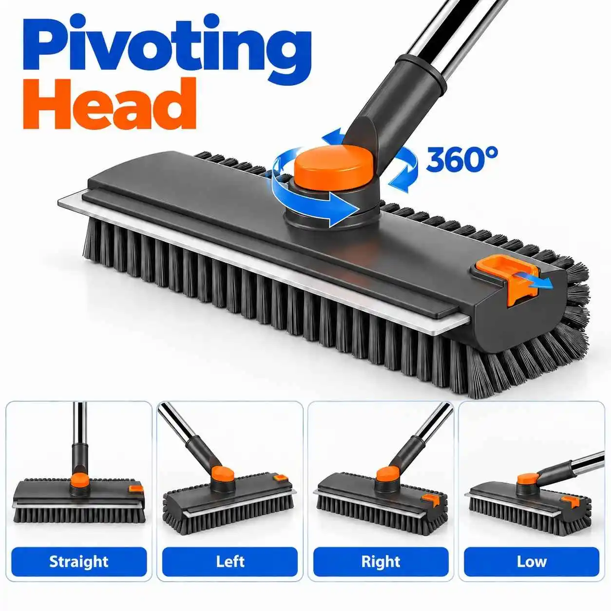 3-in-1 floor scrub brush with 360-degree pivoting head for straight, left, right and low-angle cleaning