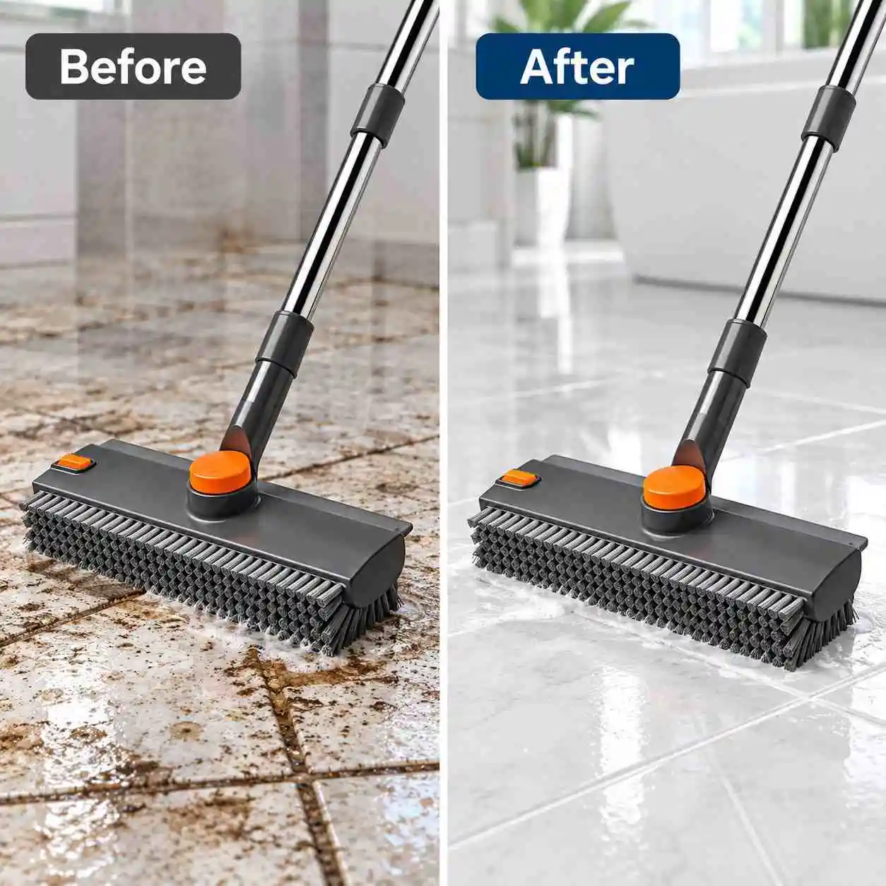 Before and after floor cleaning with 3-in-1 scrub brush on dirty and clean tiled floor