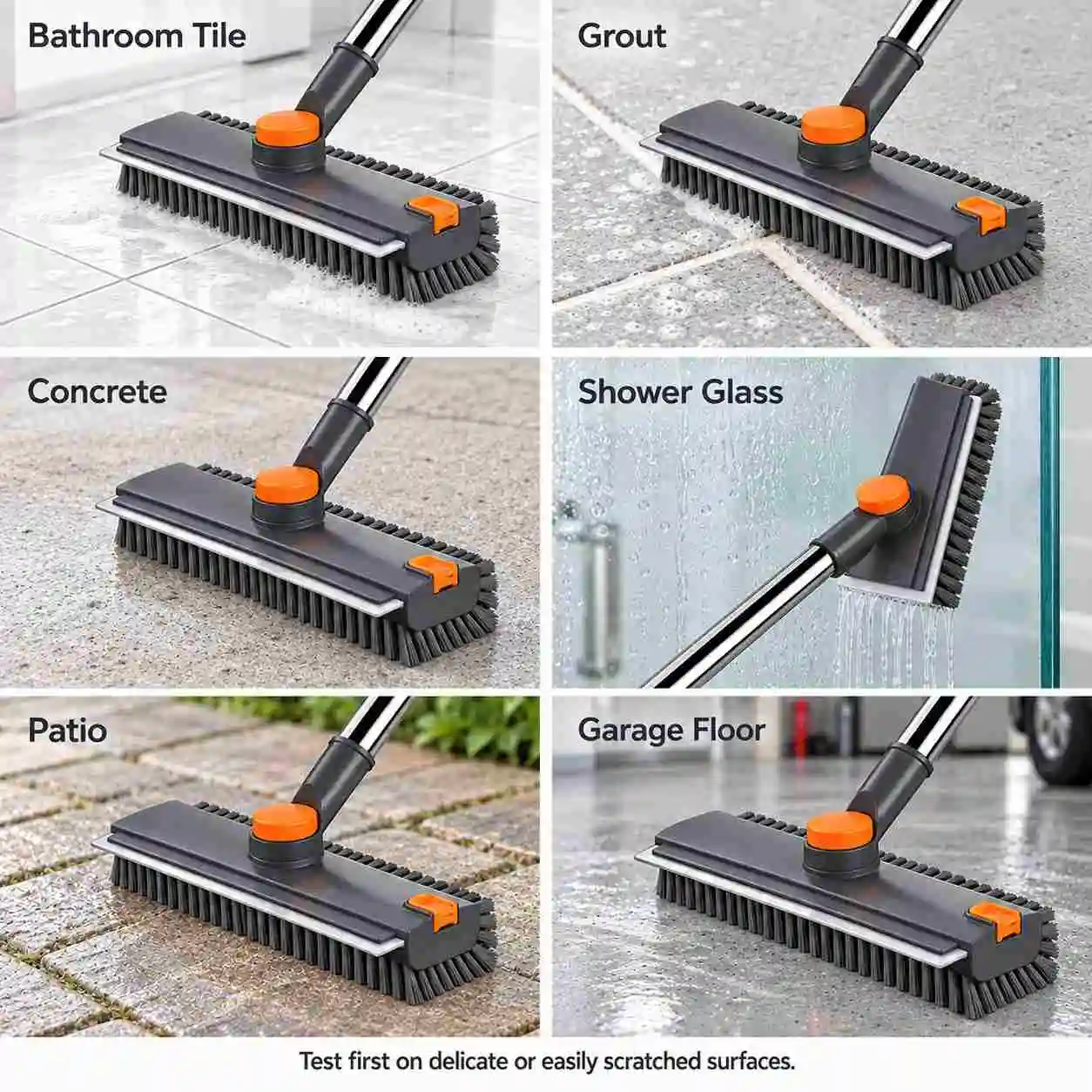 3-in-1 floor scrub brush for bathroom tile, grout, concrete, shower glass, patio and garage floors