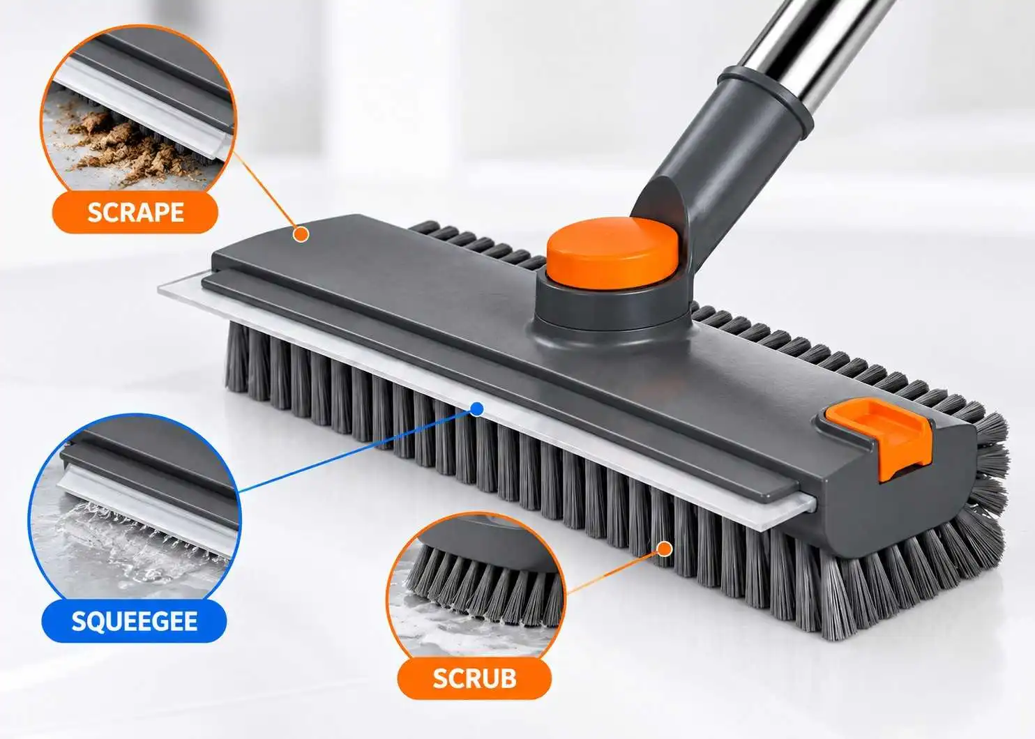 3-in-1 floor scrub brush with scraper, squeegee and stiff bristles for scrubbing and cleaning hard floors