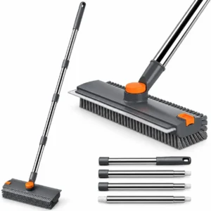 3-in-1 floor scrub brush with squeegee, stiff bristles and adjustable sectional stainless steel handle
