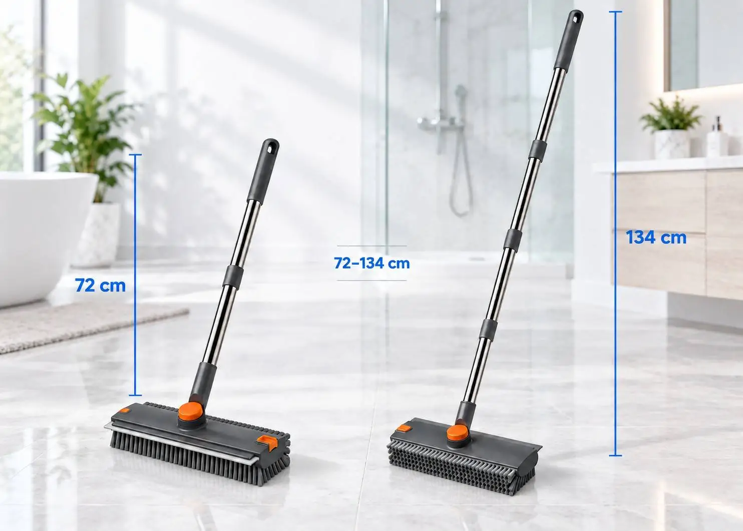 Adjustable 3-in-1 floor scrub brush with 72 to 134 cm sectional handle shown at short and full length