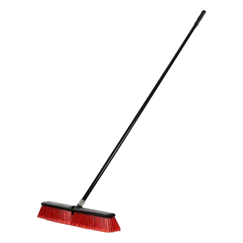 Heavy-duty long-handle push broom with red bristles for sweeping patios, garages and hard floors