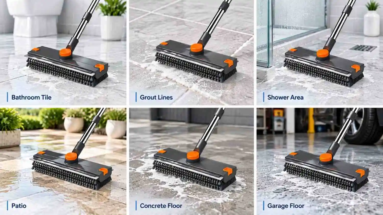 3-in-1 floor scrub brush used on bathroom tiles, grout, shower floors, patios, concrete and garage surfaces