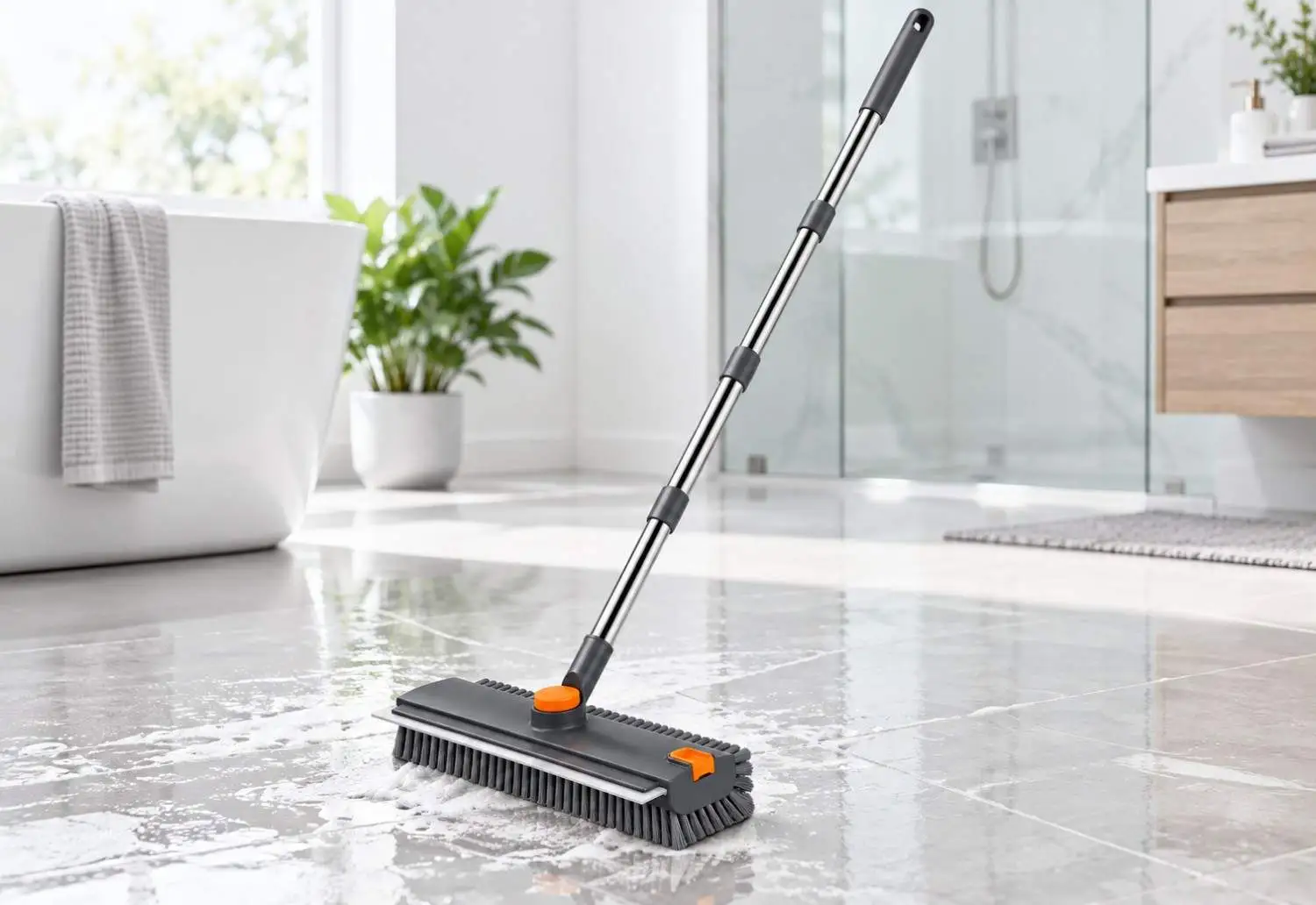 3-in-1 floor scrub brush cleaning a tiled bathroom floor with stiff bristles and long sectional handle