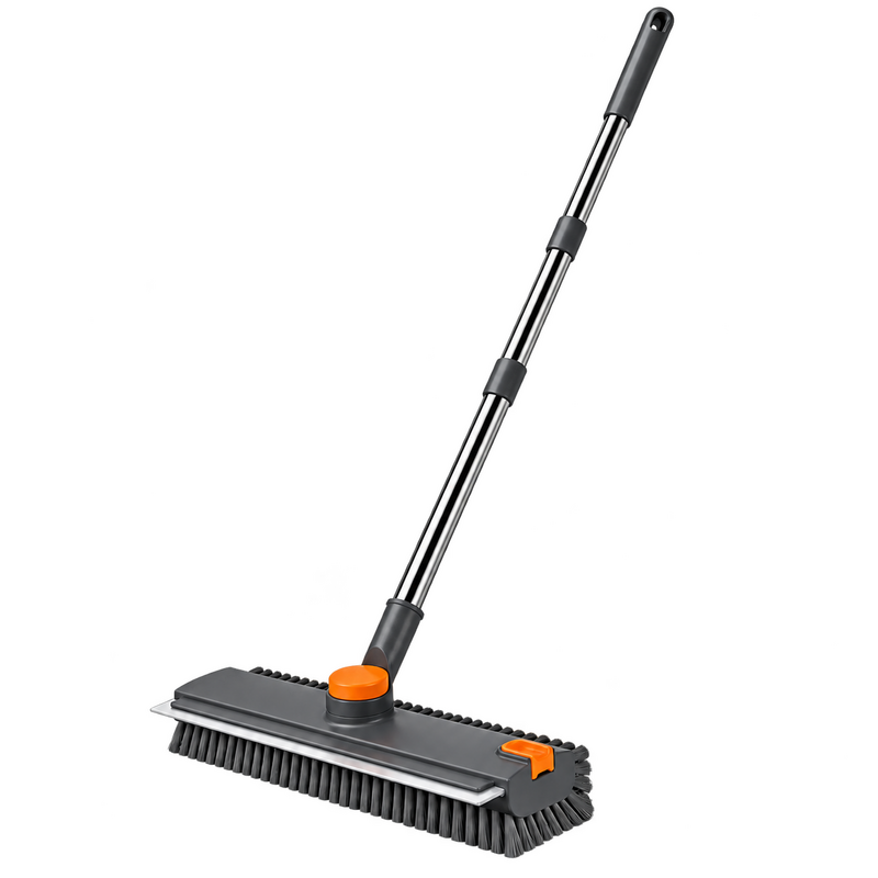3-in-1 floor scrub brush with adjustable handle, scrubbing bristles, scraper and squeegee