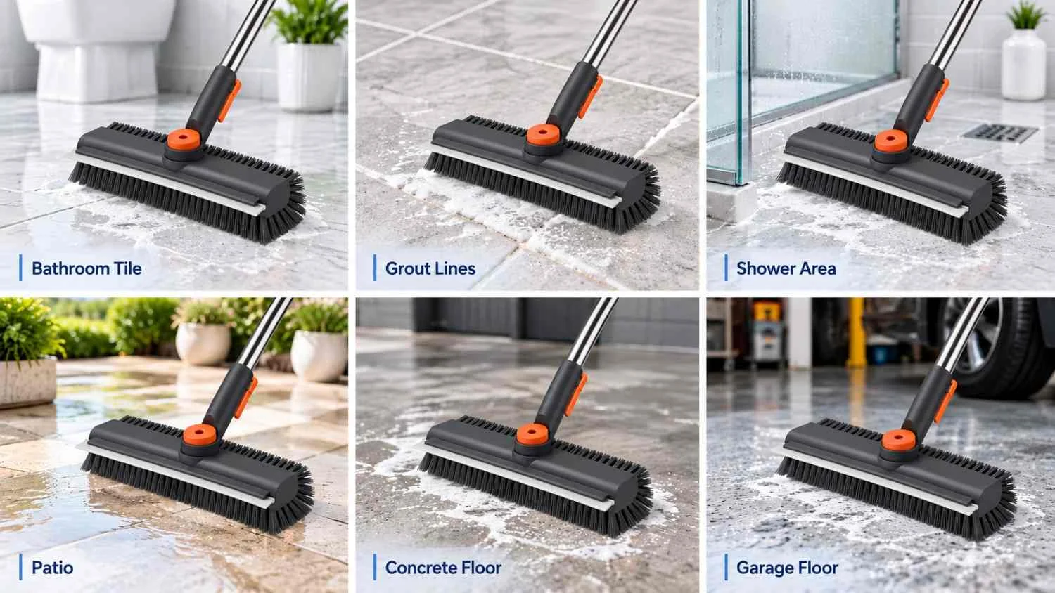 MPV grey and orange floor scrub brush shown cleaning bathroom tiles, grout lines, a shower area, patio, concrete and garage floors.