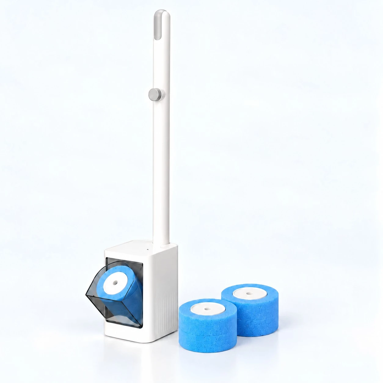 White toilet wand starter kit with blue refill cleaning heads on a light blue background