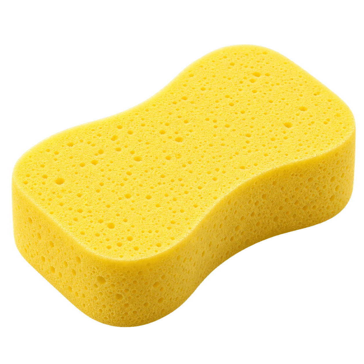Yellow foam car wash sponge with contoured sides, rounded corners and a porous surface, shown at a three-quarter angle.