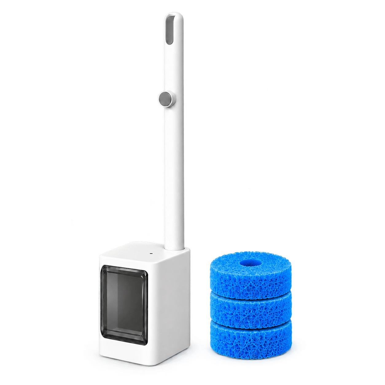 White reusable toilet cleaning wand docked in a storage holder beside three stacked blue refill heads on a white background.