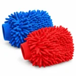 Blue and red chenille microfibre car wash mitts with matching ribbed cuffs on a white background.