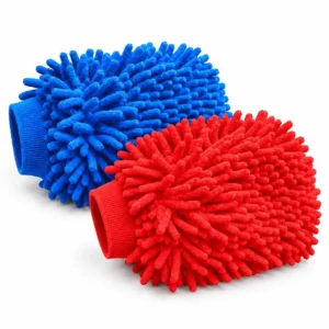 Blue and red chenille microfibre car wash mitts with matching ribbed cuffs on a white background.