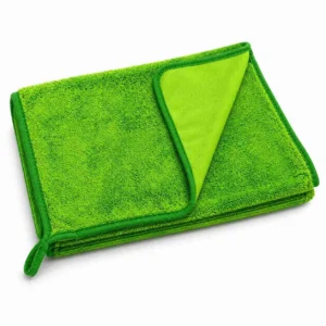 Bright green microfibre cleaning towel folded with one corner turned back, bound edges and a hanging loop.
