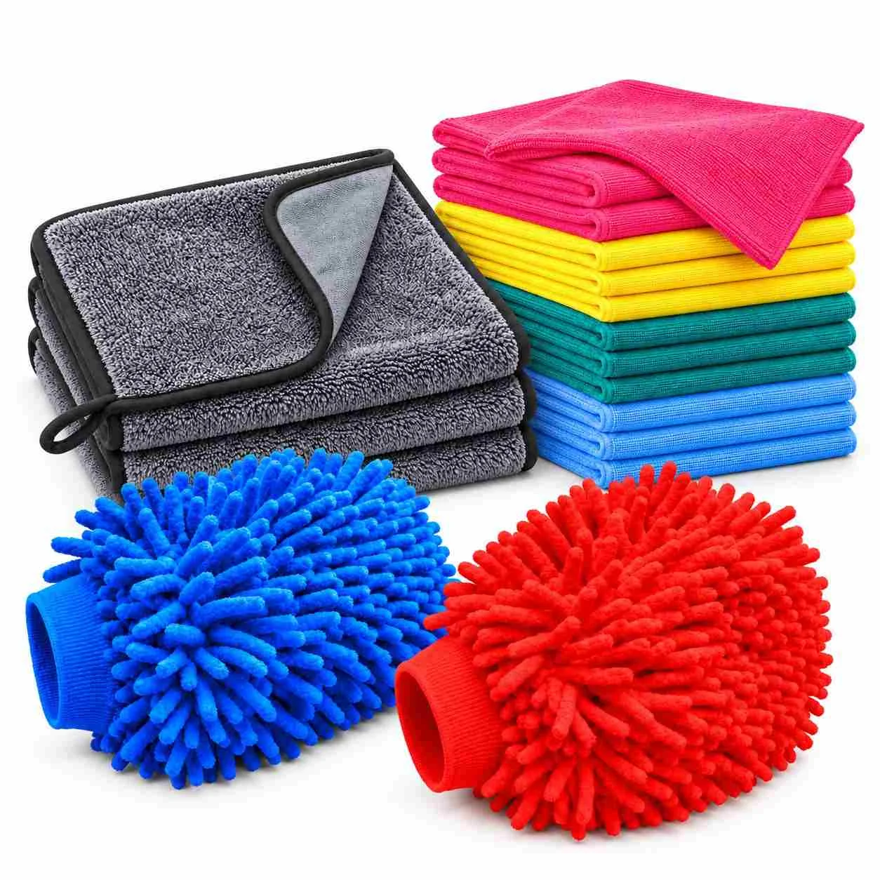 MPV car care kit with 12 mixed-colour microfibre cloths, three grey towels and red and blue microfibre wash mitts