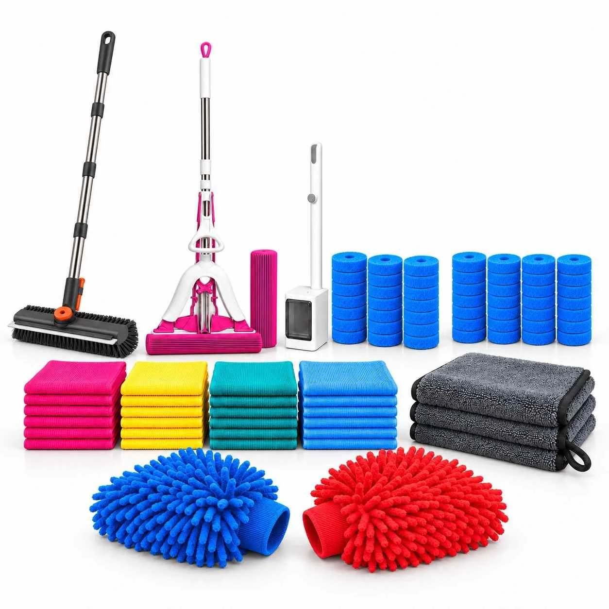 MPV complete home and car cleaning kit with brush, mop, toilet wand and refills, mixed-colour cloths, grey towels and red and blue wash mitts