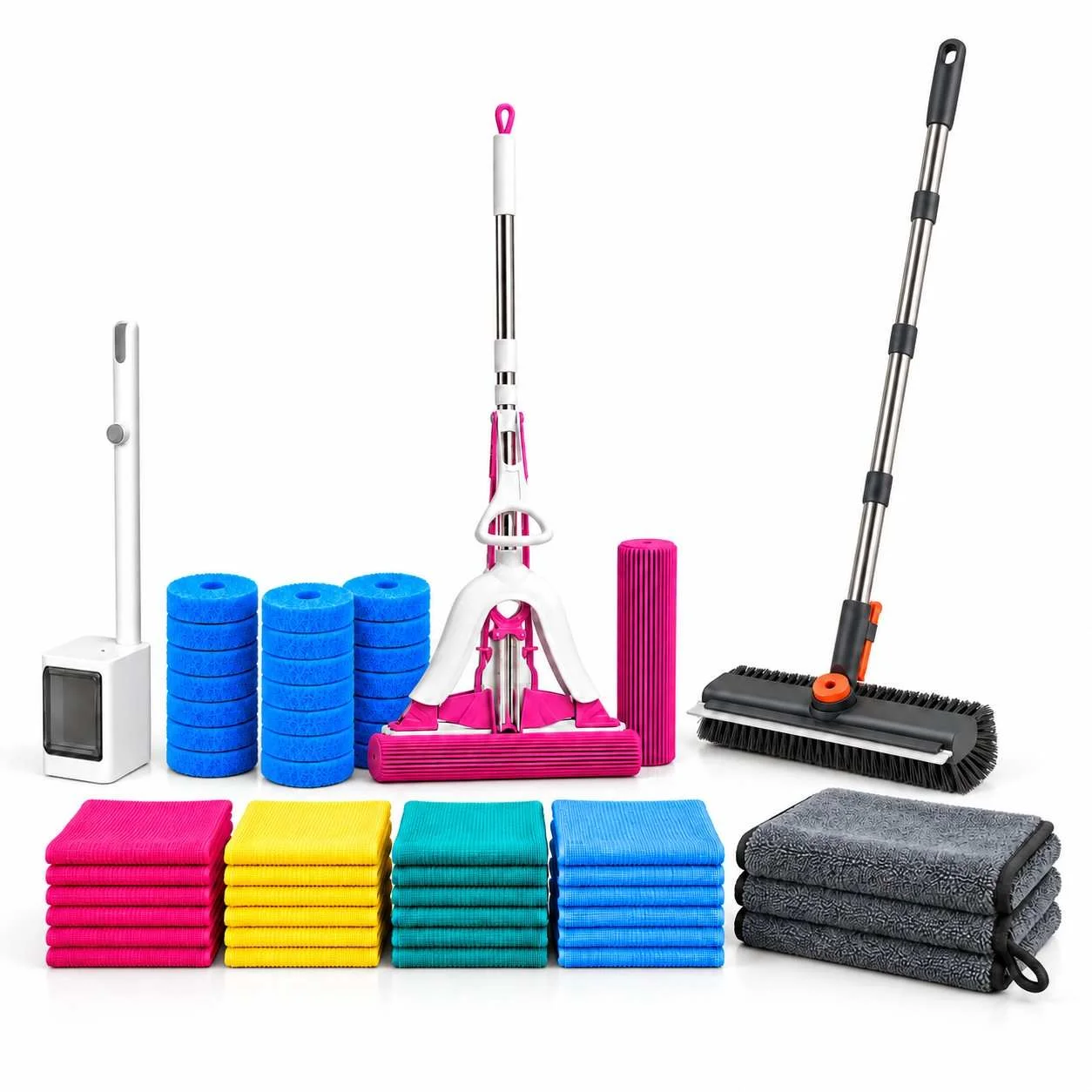 MPV home cleaning kit with floor brush, PVA mop, toilet wand and refills, mixed-colour cloths and three grey towels