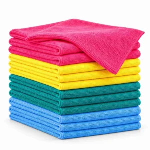 Stack of 12 microfibre cleaning cloths in pink, yellow, green and blue on a white background.