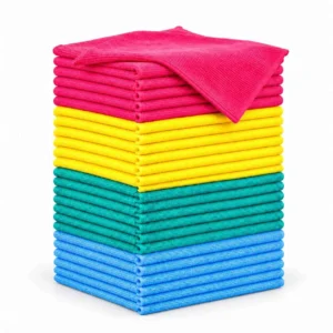 Stack of 24 microfibre cleaning cloths in pink, yellow, green and blue, with a pink cloth draped over the top.