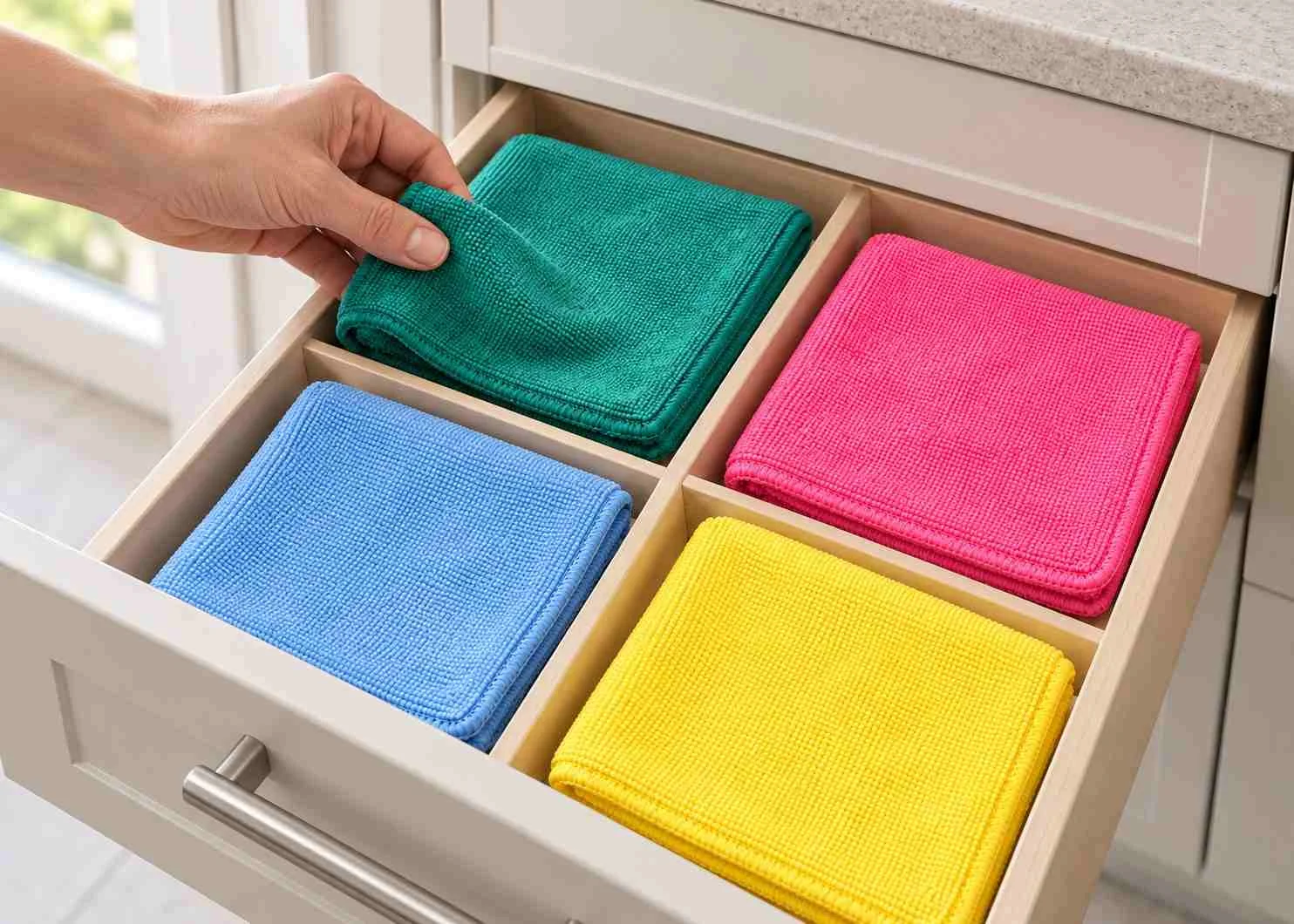 Green, pink, blue and yellow microfibre cleaning cloths folded in a divided laundry drawer, with a hand lifting the green cloth.
