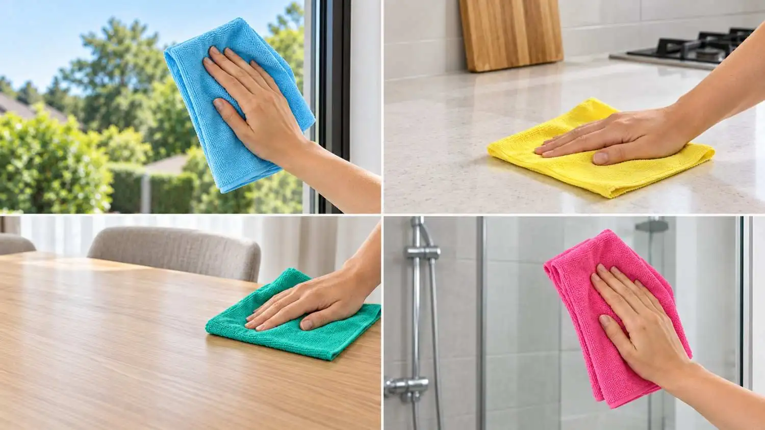 Four-panel image showing blue, yellow, green and pink microfibre cloths cleaning a window, kitchen worktop, wooden table and shower glass.