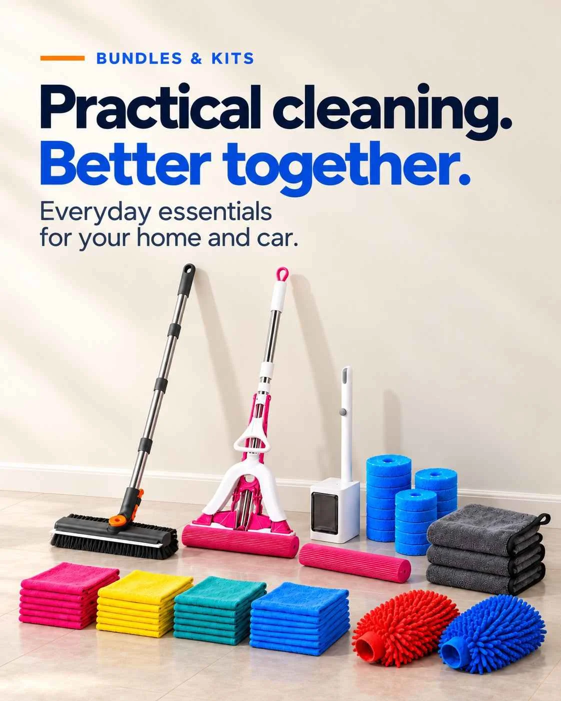Bundles & Kits 2 MPV Capital home and car cleaning kits featuring a floor brush, PVA mop, toilet wand, microfibre cloths, grey towels and car wash mitts.
