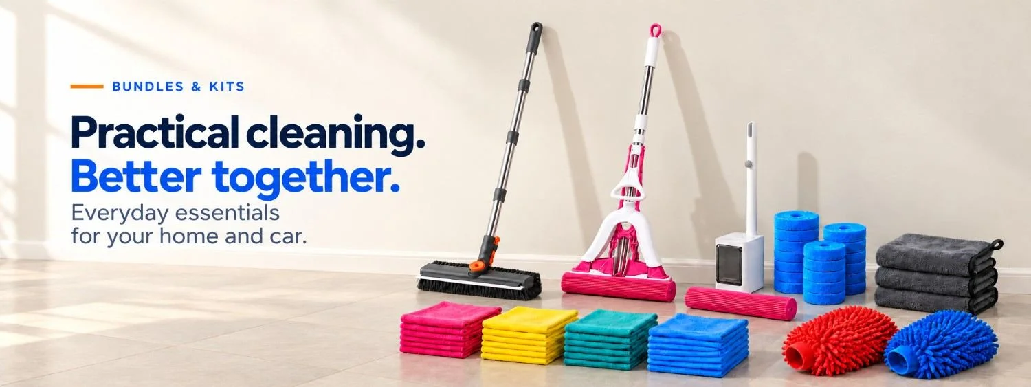 Bundles & Kits 1 MPV Capital home and car cleaning bundles with a floor brush, PVA mop, toilet cleaning kit, microfibre cloths, grey towels and car wash mitts.