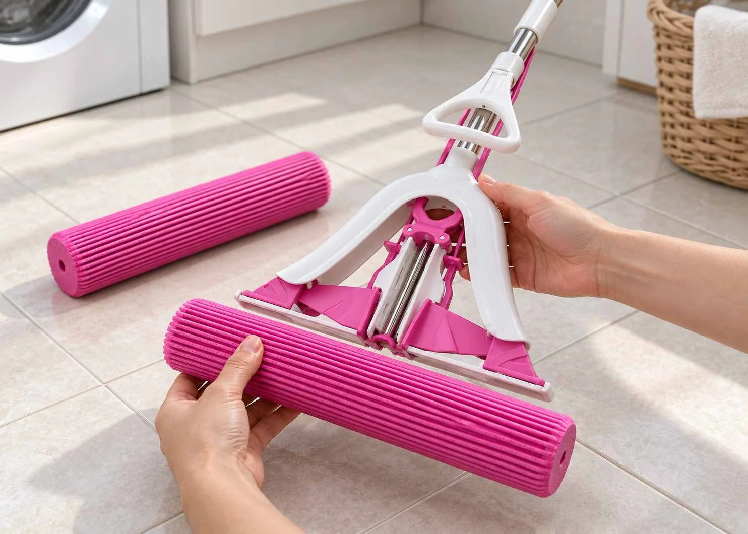 Hands replacing the pink ribbed sponge head on an MPV PVA sponge mop, with a spare head on the tiled floor.