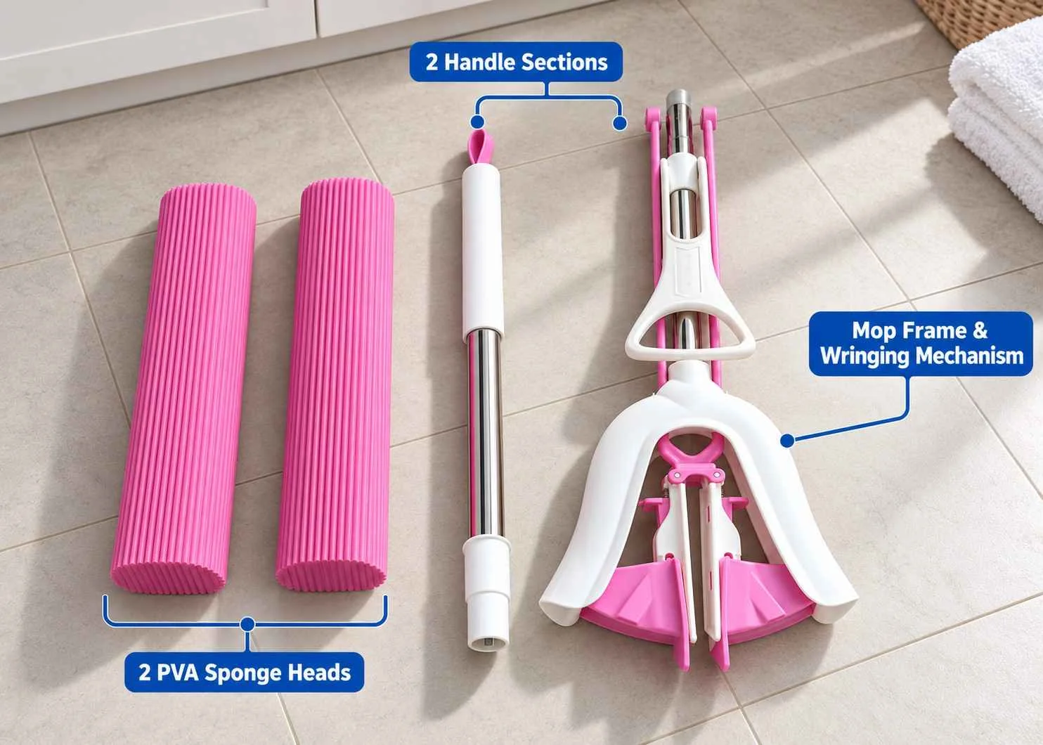 MPV PVA sponge mop kit with two pink sponge heads, two handle sections and a mop frame with wringing mechanism.
