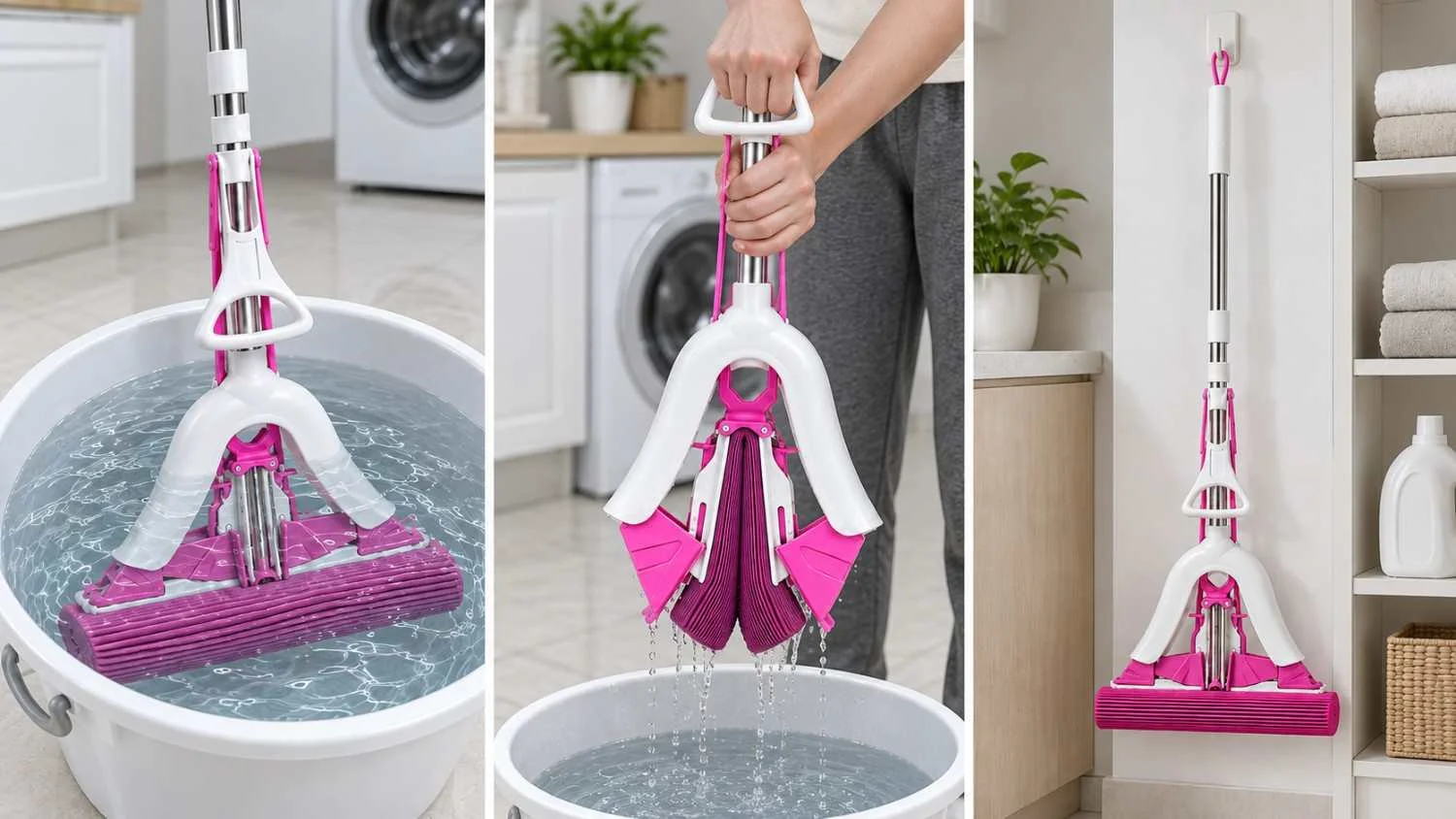 Three panels showing an MPV PVA sponge mop soaking in water, being wrung over a bucket and hanging on a hook to dry.