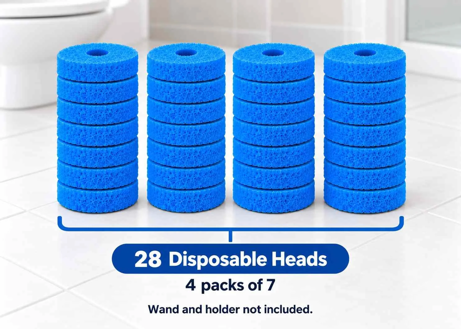 28 blue MPV disposable toilet wand refill heads in four stacks of seven on bathroom tiles; wand and holder not included.