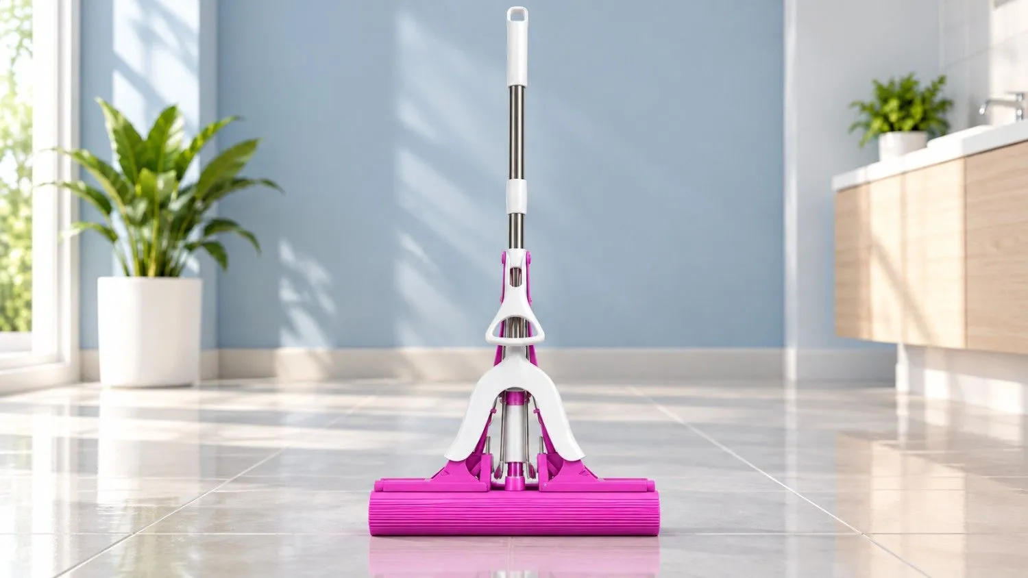 Pink PVA sponge floor mop on a clean tiled floor in a bright modern home