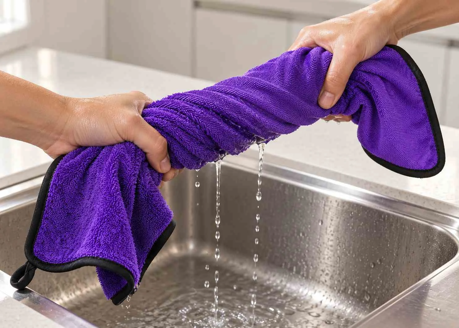 Two hands wringing water from a purple microfibre cleaning towel over a stainless steel sink.