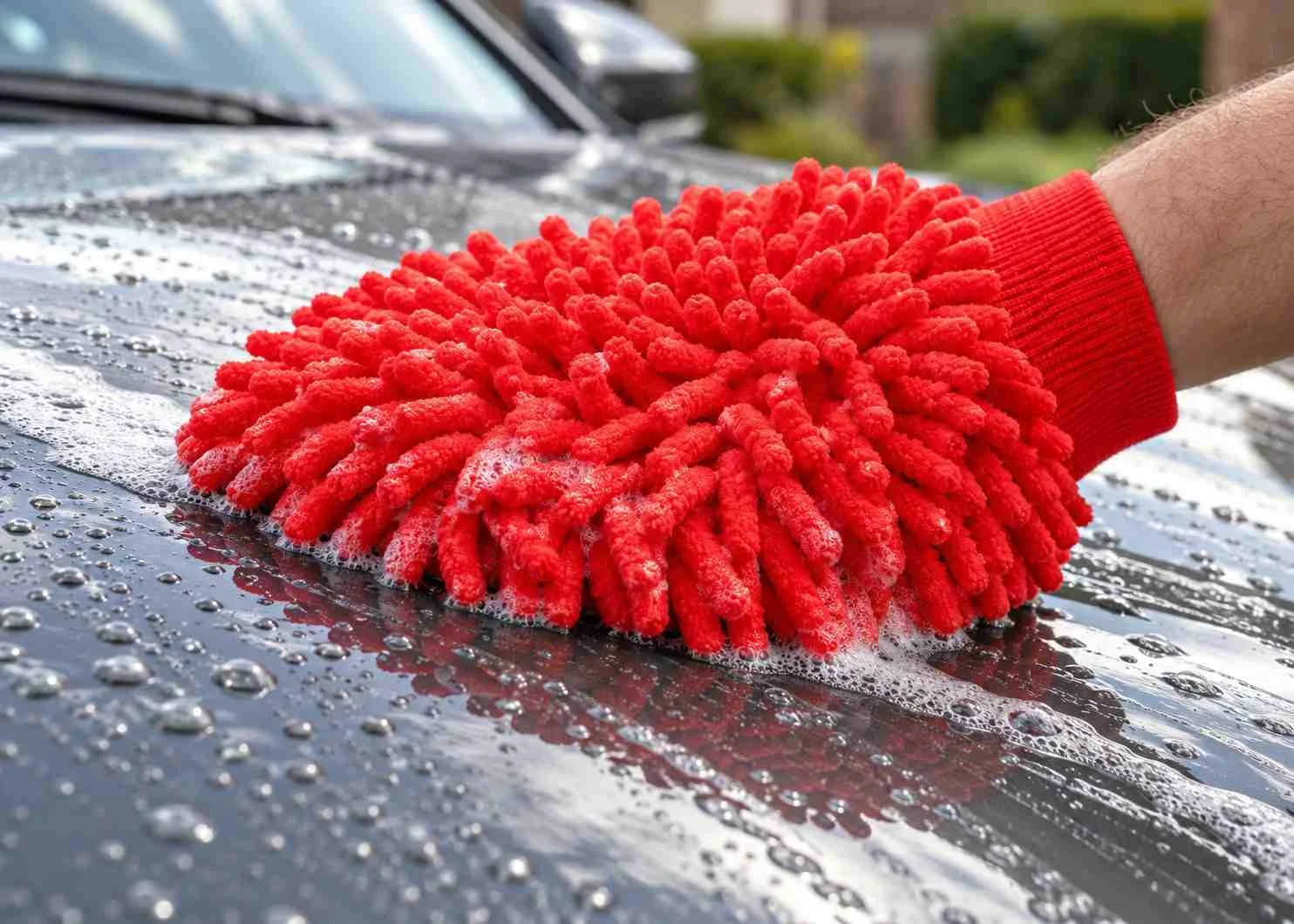 Close-up of a red chenille microfibre car wash mitt cleaning a wet grey car bonnet with soap suds.