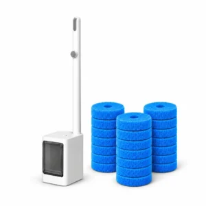White toilet cleaning wand in a storage holder beside three stacks of 21 blue refill heads on a white background.