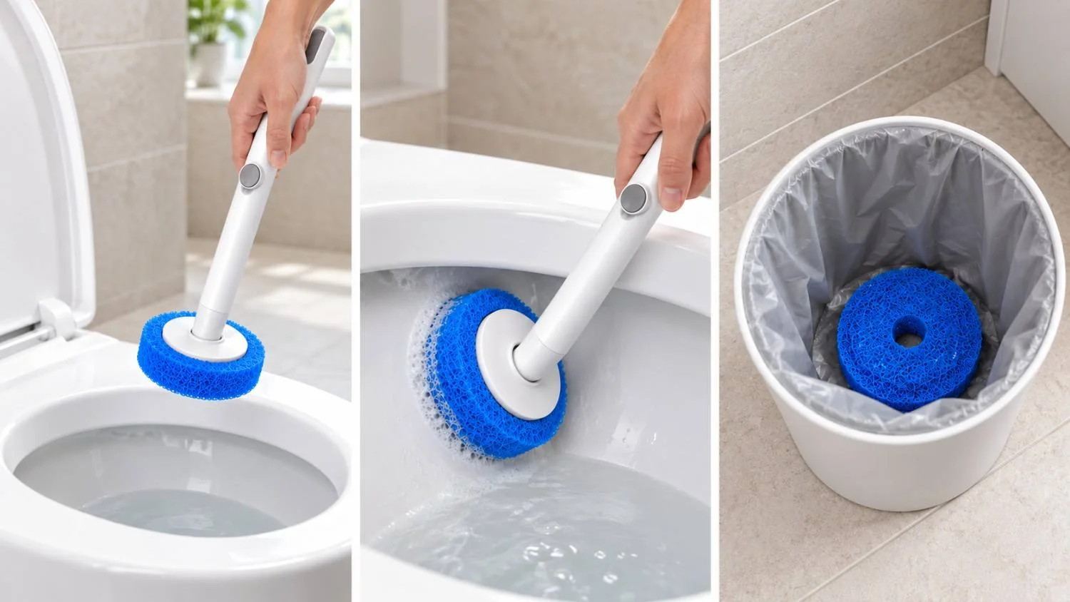 Three-panel sequence showing a white toilet cleaning wand with a blue head, scrubbing the toilet bowl and the used head discarded in a bin.